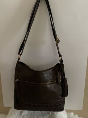 Dark Brown Leather Shoulder Bag with Tassel Accent